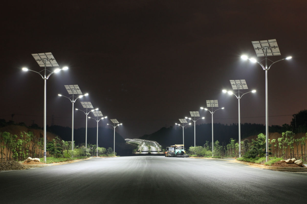 LED lamps on street light arms