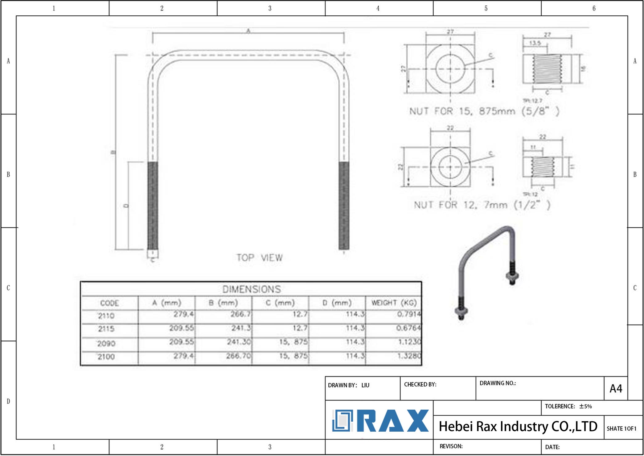 Technical drawing of U bolt